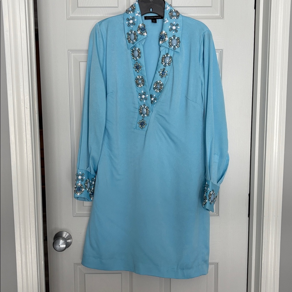 Boston Proper Light Blue Jeweled Long Sleeve Shift Dress